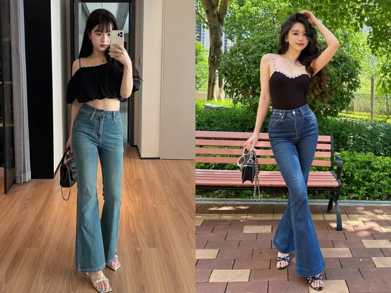 Nếu chọn kiểu sandals cói hoặc bản mảnh, chúng sẽ tạo sự cân bằng với dáng quần loe mềm mại