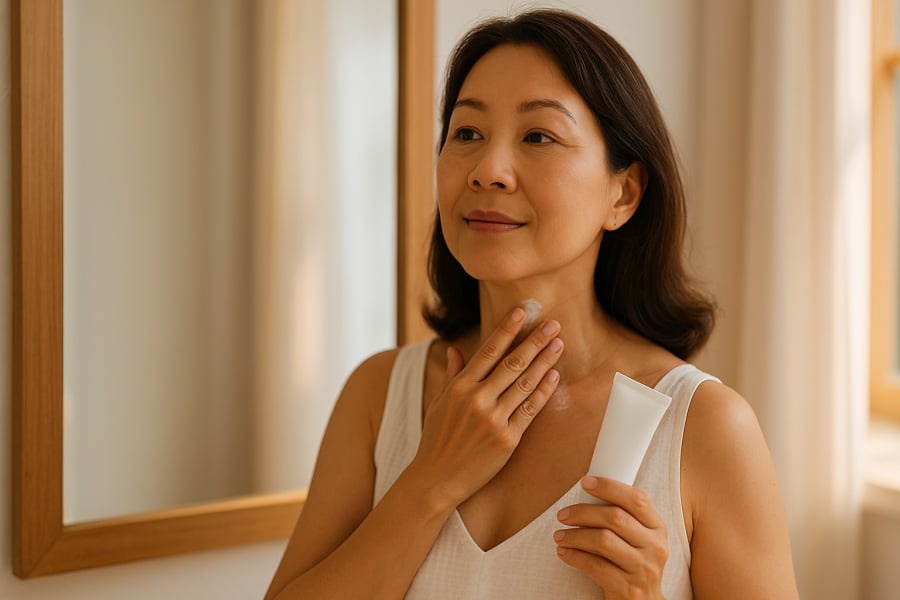 Đừng quên thoa kem chống nắng cho cổ và ngực mỗi sáng để bảo vệ da khỏi lão hóa sớm.