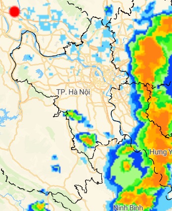 vùng mây đối lưu đang phát triển và di chuyển về phía Hà Nội, có khả năng gây mưa.