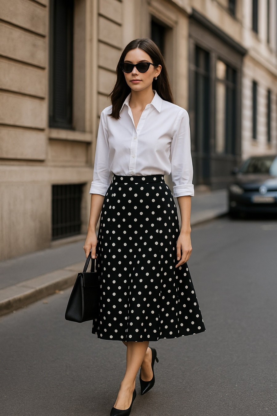 Chân váy chấm bi kết hợp sơ mi trắng và kính râm tạo nên outfit streetstyle thanh lịch, diện đi làm hay đi chơi đều hợp.