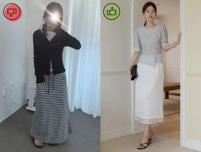  Các đường kẻ ngang vốn có khả năng “kéo ngang” thị giác, khiến vòng hông và phần đùi trông đầy đặn hơn
