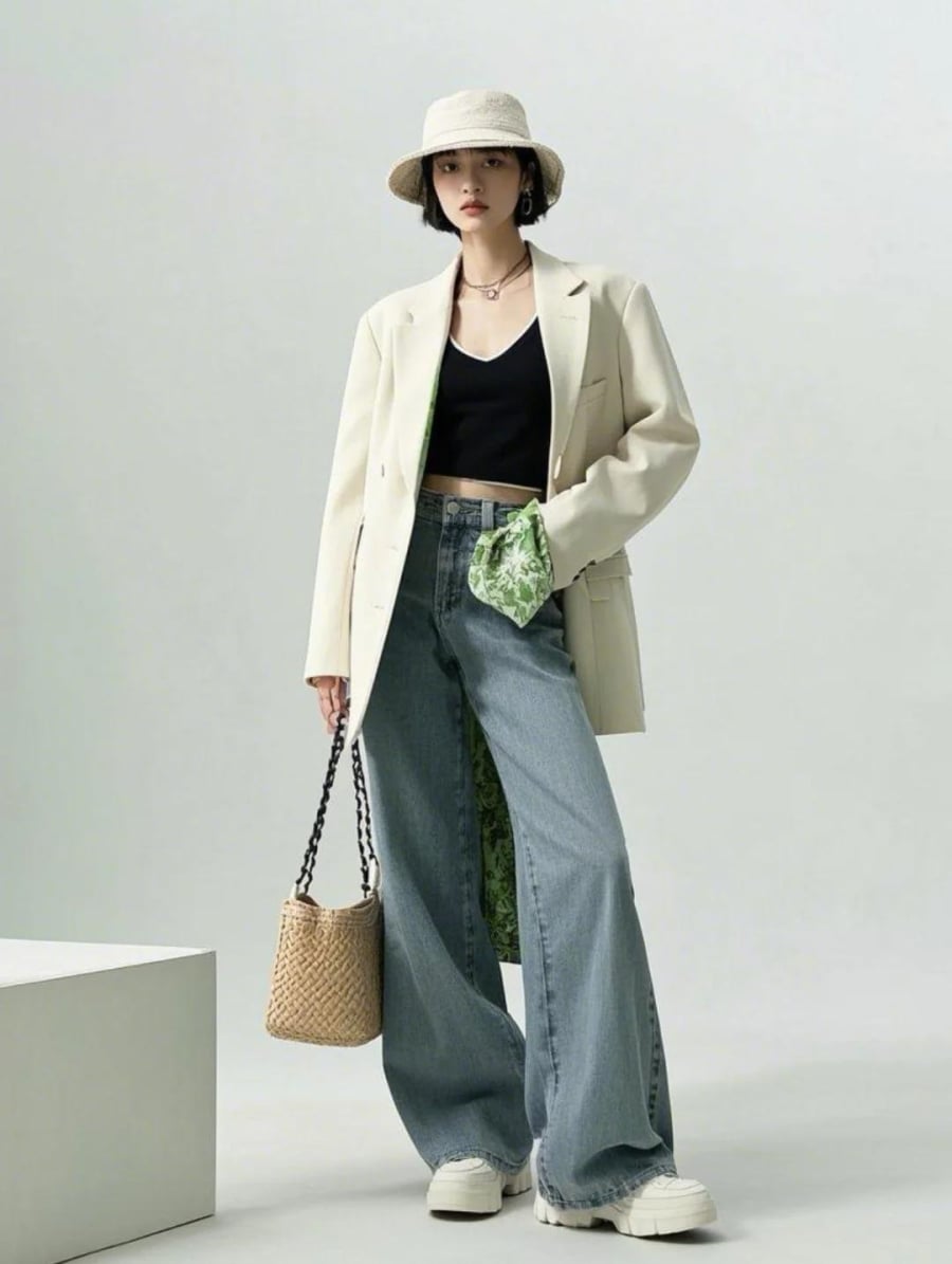 Sự kết hợp giữa dáng blazer cứng cáp và denim phóng khoáng tạo nên một tổng thể vừa thanh lịch vừa trẻ trung.