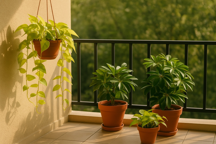 Không gian xanh mướt với trầu bà và ngũ gia bì – vừa lọc khí độc, vừa giữ tài khí cho ngôi nhà.