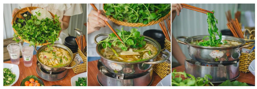 Rau lỗ bình nhúng với lẩu gà là món ngon được thực khách yêu thích khi du lịch Lâm Đồng. (Ảnh: Lẩu gà tháng Năm)