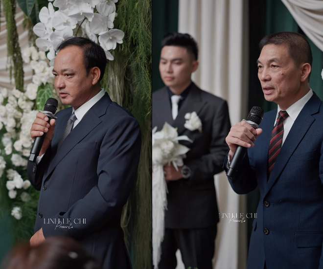 Bố của cô dâu (trái) và bố của chú rể phát biểu trong lễ vu quy của 2 con.  