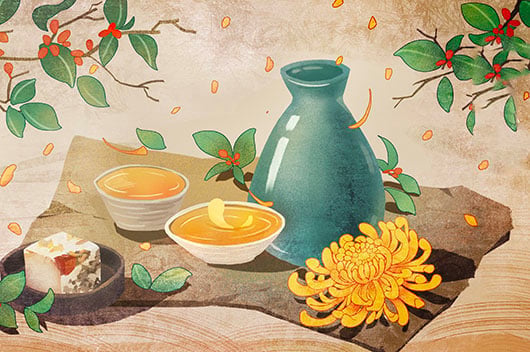 Hình ảnh rượu và hoa cúc vàng gắn với Tết Trùng cửu