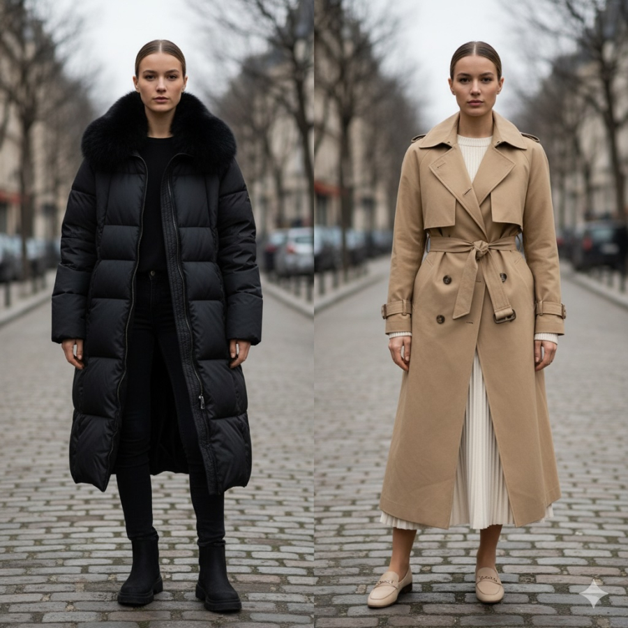 Áo phao dài cồng kềnh bị thay thế bởi trench coat thanh lịch, tôn dáng hơn.
