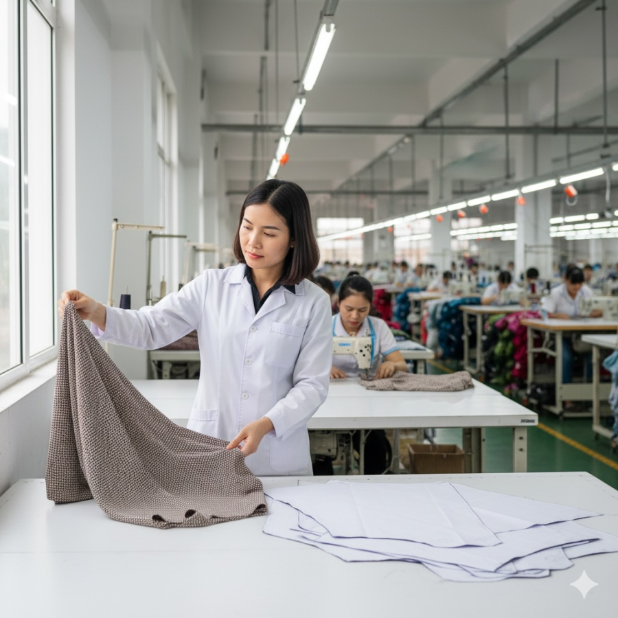 Kỹ sư dệt may kiểm soát chất lượng và quy trình sản xuất thời trang.