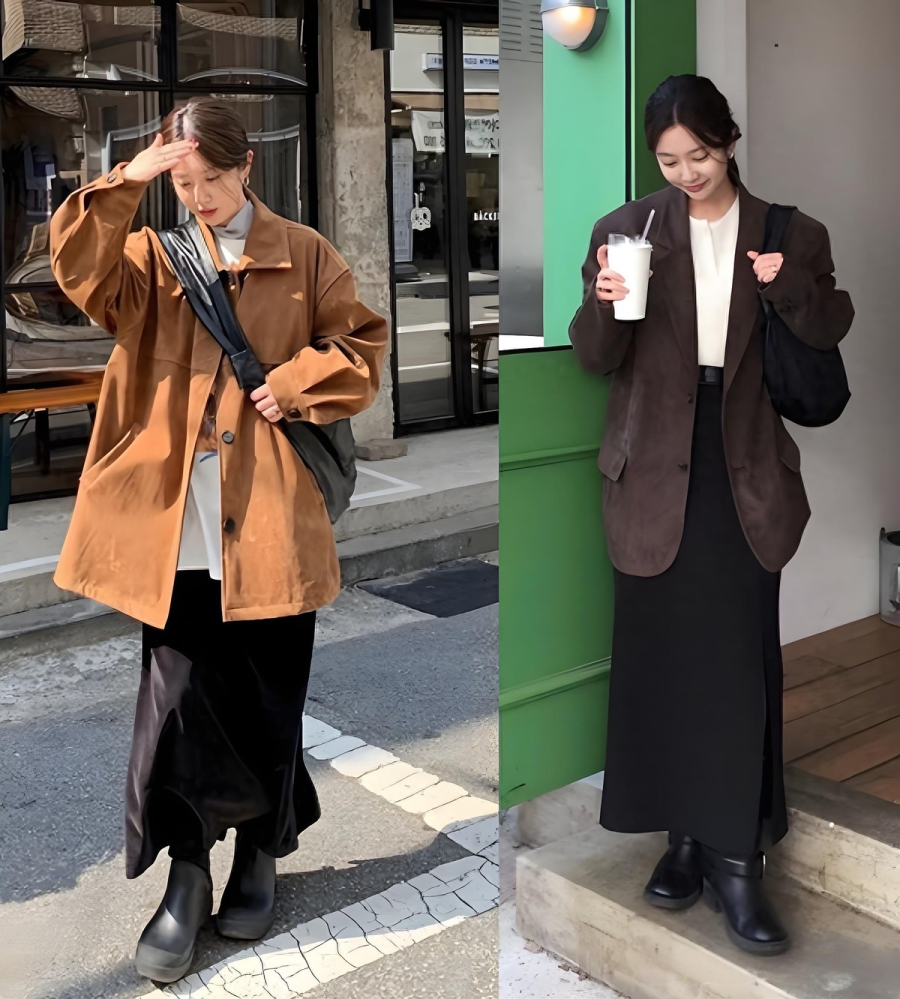 Blazer kết hợp cùng váy dài tạo nên hình ảnh thanh lịch, hiện đại nhưng vẫn mềm mại. 