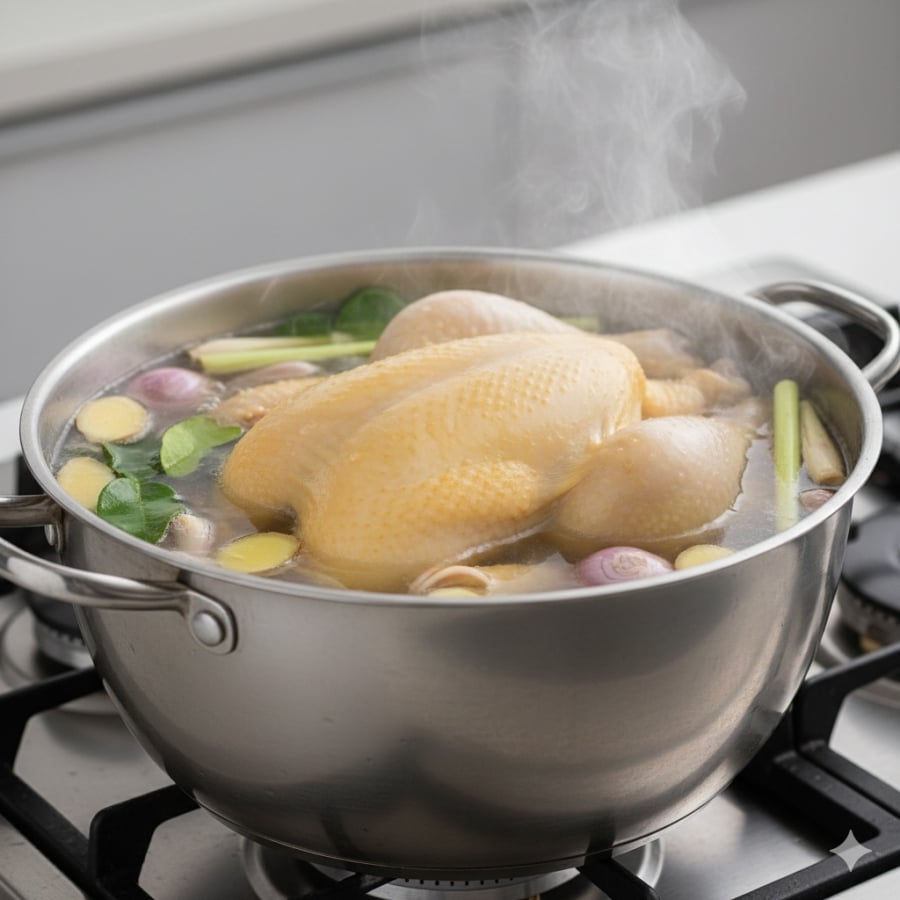 Cho đúng gia vị khi luộc giúp gà thơm ngọt tự nhiên, không cần mì chính.