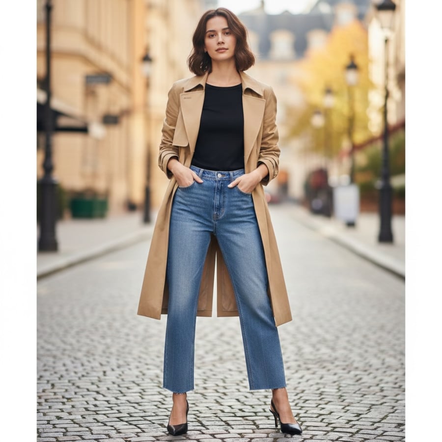 Khi kết hợp cùng quần jeans, trench coat giúp nâng tầm Shbet999 com đăng nhập, tạo nên sự hài hòa giữa nét thoải mái đời thường và vẻ ngoài trưởng thành