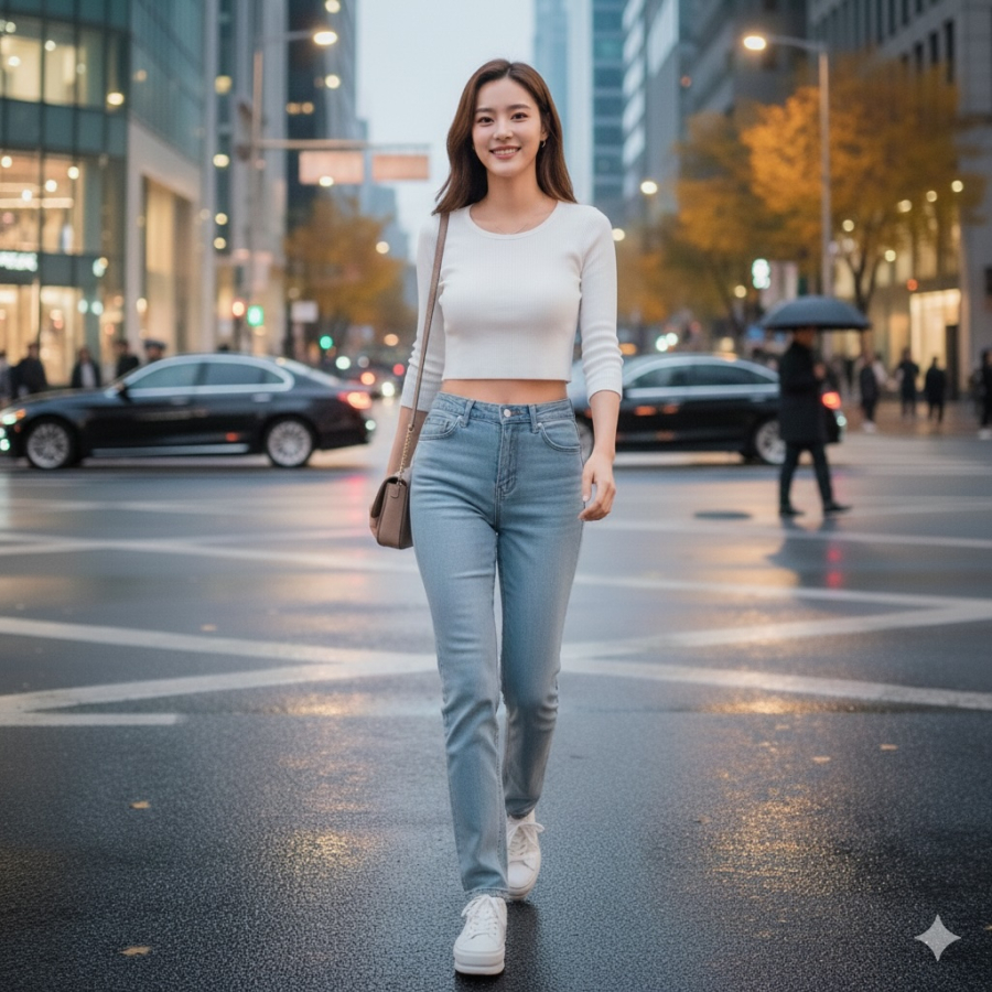 Quần jeans ống gọn gàng kéo dài chân, giữ phong cách năng động và gọn gàng.