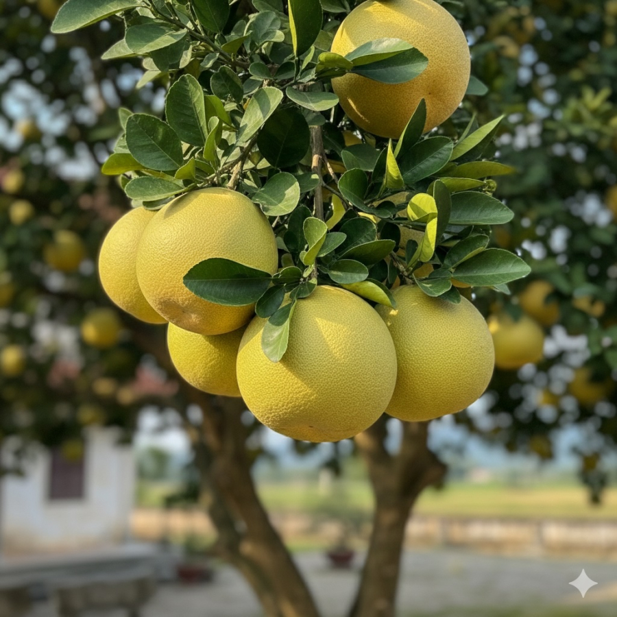 Quả bưởi tròn đầy, sắc vàng tượng trưng cho sự viên mãn, đủ đầy và thành quả tích lũy bền vững theo quan niệm phong thủy.