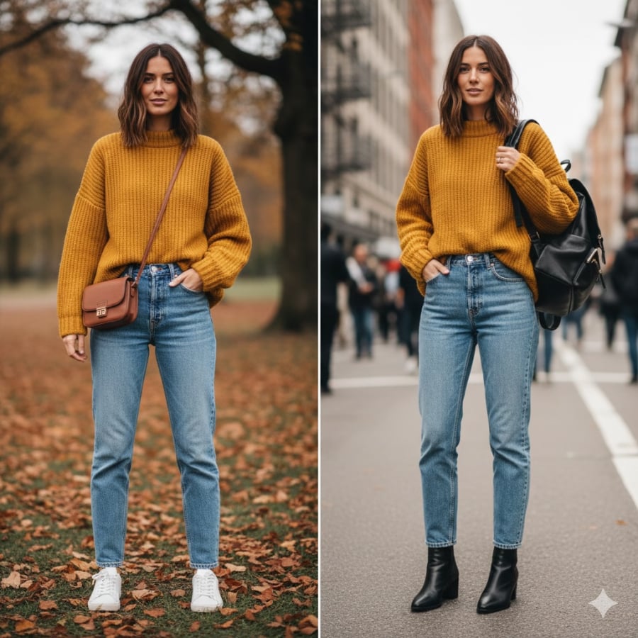 Áo len và quần jeans – combo đơn giản nhưng luôn thời trang, dễ áp dụng hằng ngày.