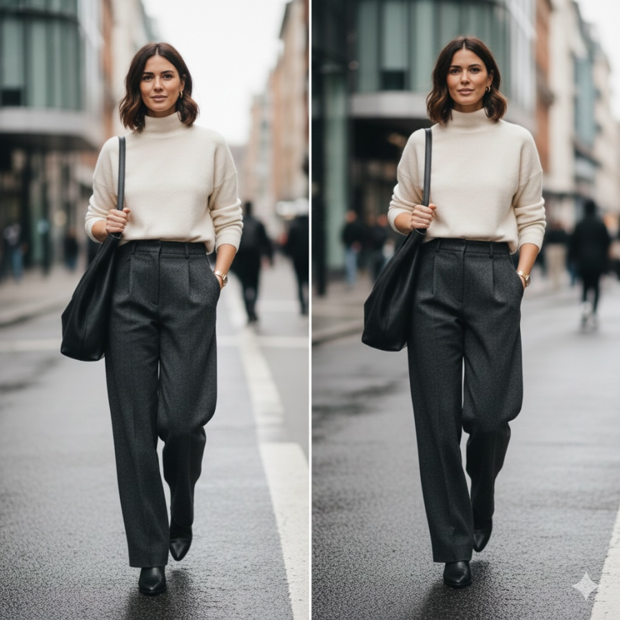 Quần ống rộng vải dày phối áo len giúp outfit mùa đông trông sang và thời thượng hơn.
