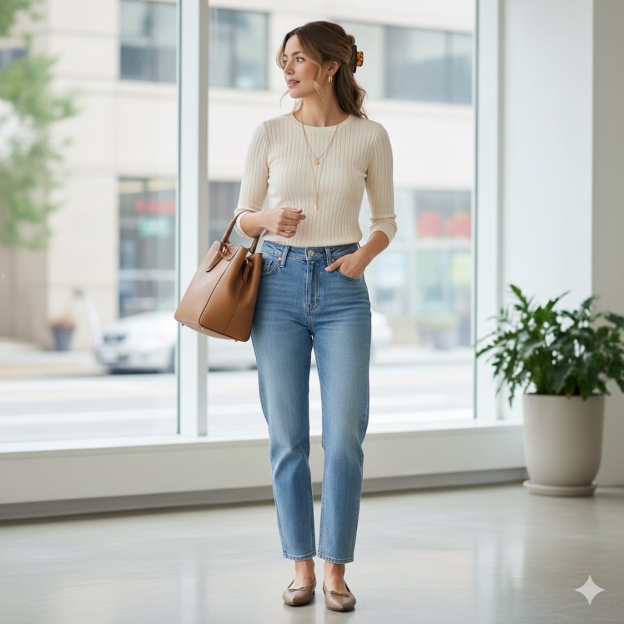 Áo len tăm và jeans cạp cao là lựa chọn lý tưởng cho phong cách công sở tối giản, thanh lịch.