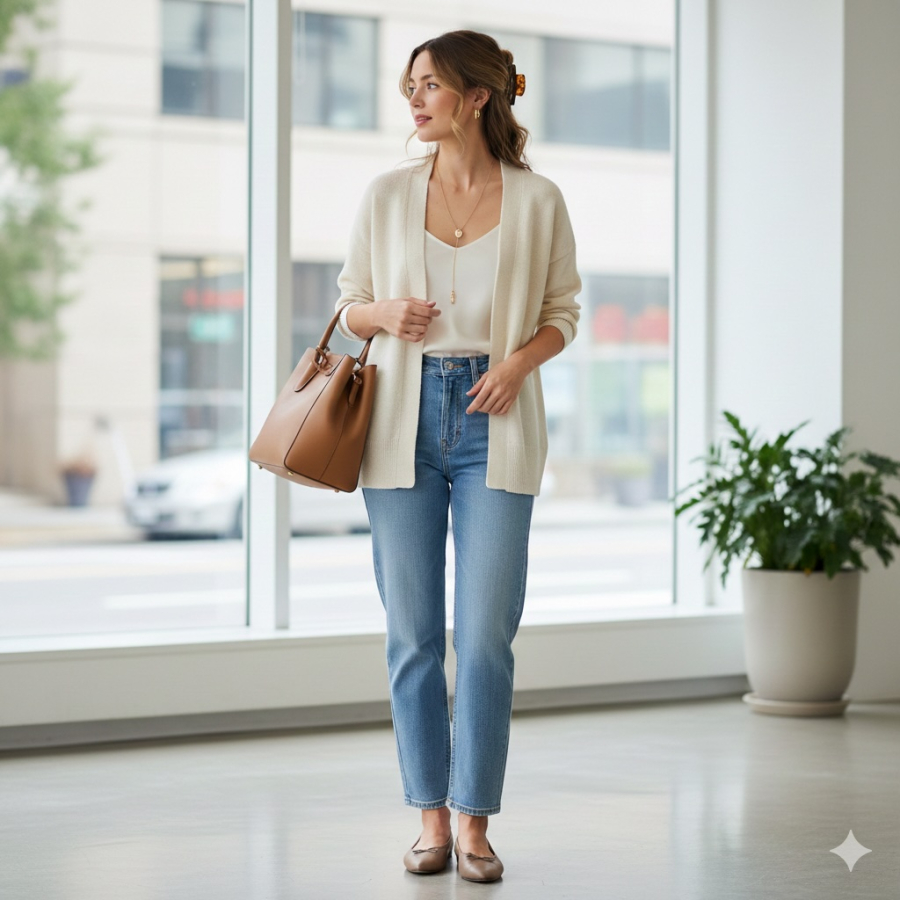 Cardigan trung tính giúp quần jeans trở nên mềm mại và phù hợp hơn với môi trường công sở.