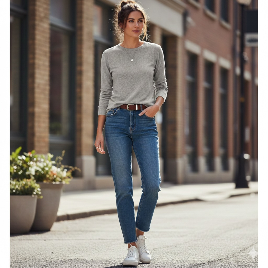 Áo thun dài tay form gọn giúp quần jeans phù hợp với những ngày công sở thoải mái.