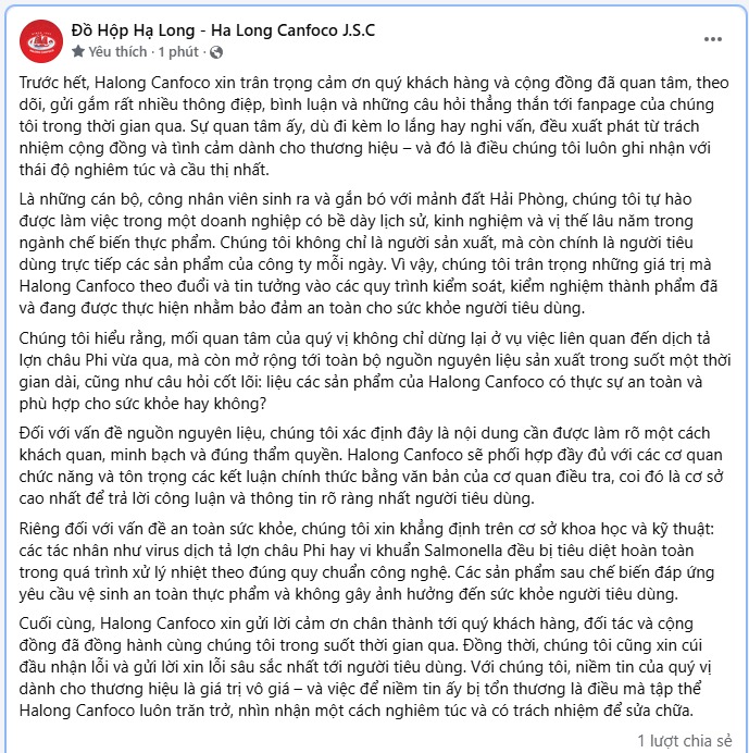 Halong Canfoco gửi lời xin lỗi tới người tiêu dùng, thừa nhận sự ảnh hưởng đến niềm tin của khách hàng, đồng thời cam kết nhìn nhận vấn đề một cách nghiêm túc và có trách nhiệm để khắc phục trong thời gian tới.
