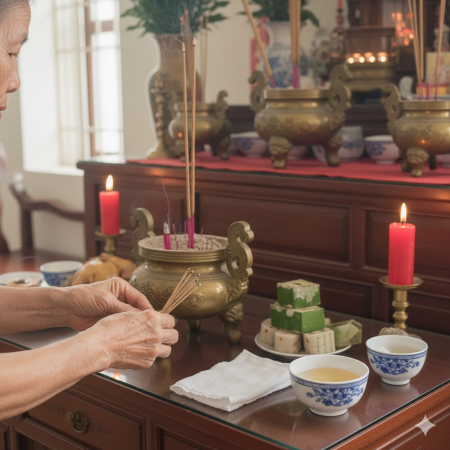 Tỉa chân nhang đúng cách, giữ bát hương cố định để tránh “động” và bảo toàn sự tĩnh tại của không gian thờ tự.