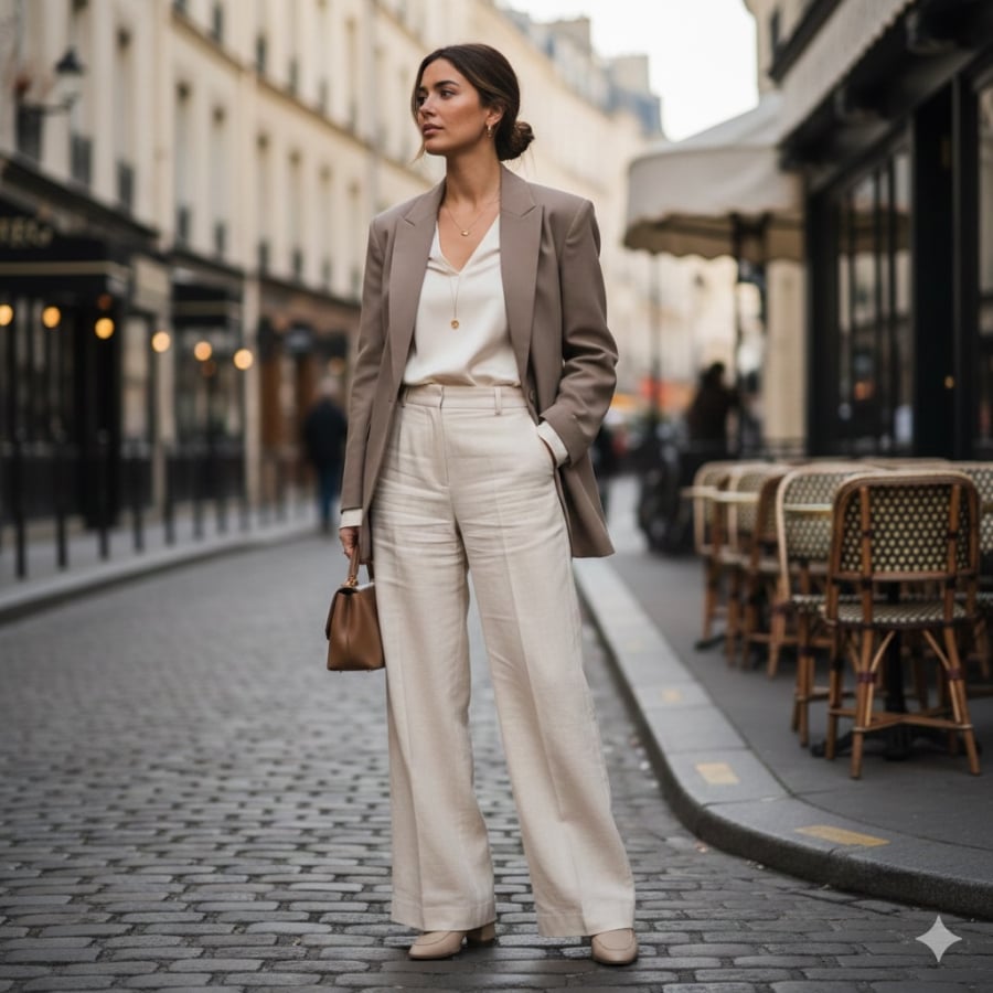 Quần ống rộng và blazer là combo kinh điển trong phong cách Pháp, đơn giản mà sang.