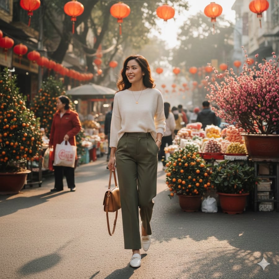 Áo len mỏng – item dễ mặc, phù hợp cả khi Tết se lạnh lẫn nắng ấm.