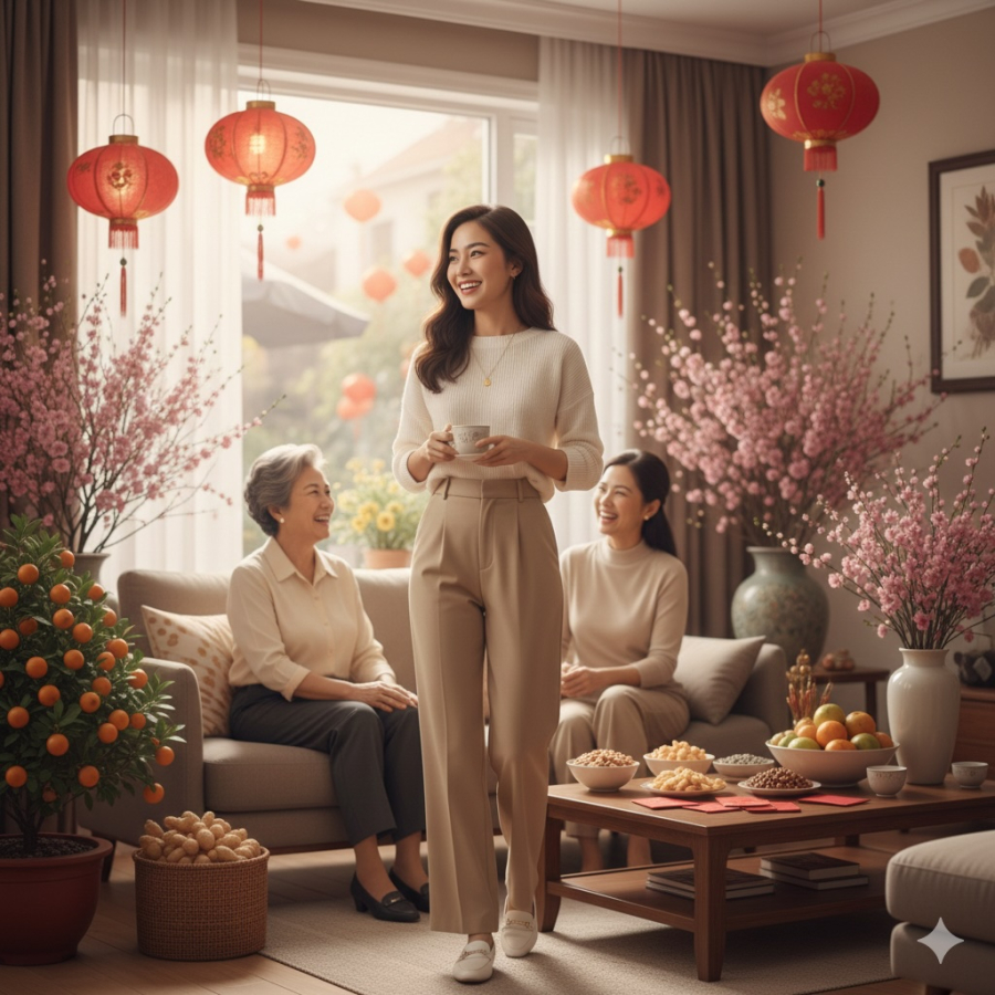 Quần âu dáng suông mang lại cảm giác thoải mái, phù hợp đi chúc Tết, gặp gỡ họ hàng.