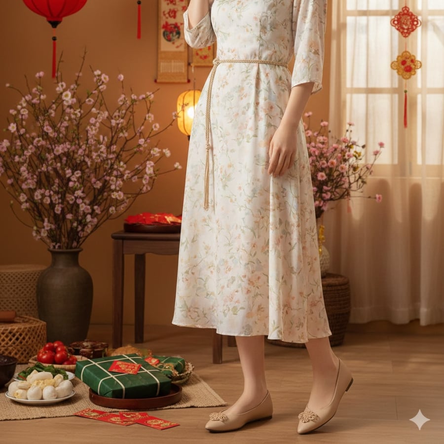 Giày bệt thanh lịch giúp set đồ Tết trông gọn gàng, nữ tính mà vẫn thoải mái khi di chuyển.