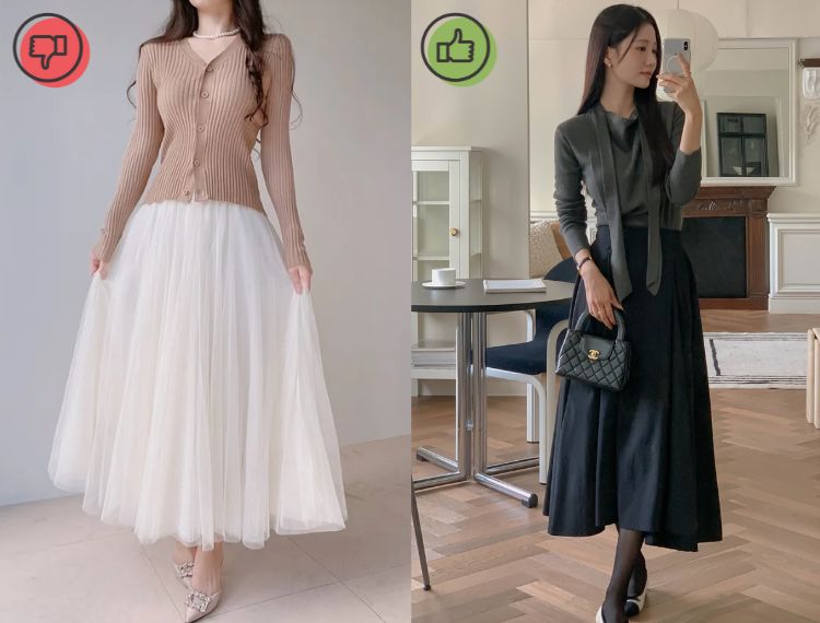 Khi diện Tết, chân váy chữ A bằng chất liệu tweed, kaki hay dạ mỏng sẽ giúp set đồ đứng dáng, gọn gàng và vẫn giữ được sự mềm mại cần thiết.