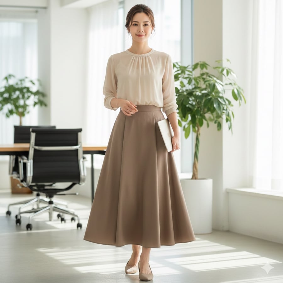 Áo mỏng nhẹ kết hợp chân váy dài giúp Shbet999 com đăng nhập công sở tối giản trở nên mềm mại, nữ tính mà vẫn chuyên nghiệp.