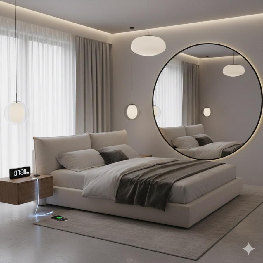 Đặt gương lớn và thiết bị điện tử sát giường ngủ có thể ảnh hưởng đến chất lượng nghỉ ngơi nếu không bố trí hợp lý.