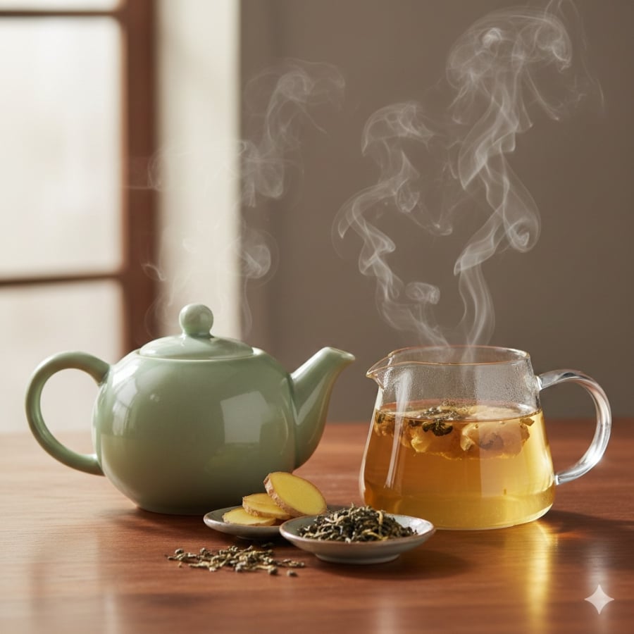 Trà xanh và trà gừng là hai lựa chọn quen thuộc giúp hỗ trợ tiêu hóa sau những bữa ăn nhiều dầu mỡ.