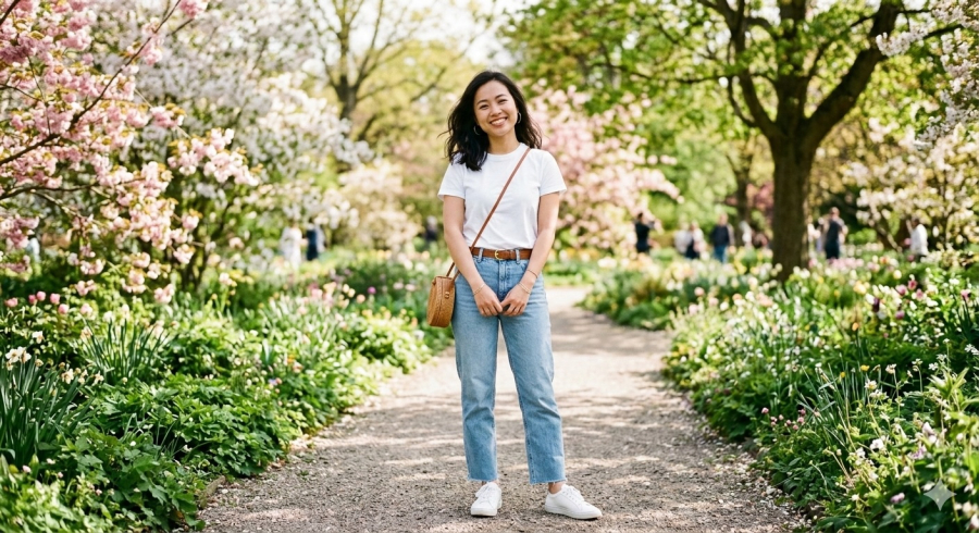 Áo thun basic là item linh hoạt, dễ mặc từ xuân sang hè.