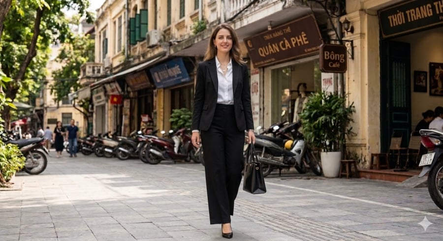 Quần âu ống rộng và áo sơ mi là công thức kinh điển của thời trang công sở.