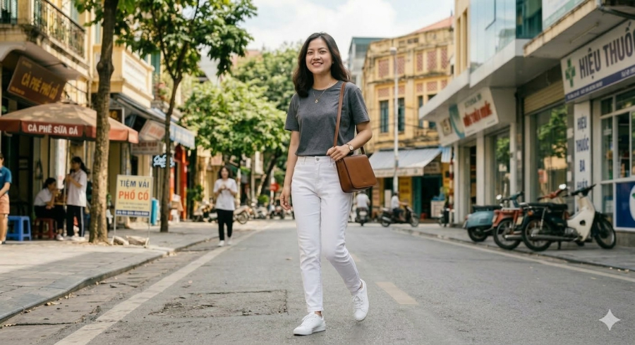 Quần denim trắng giúp set đồ áo thun mùa hè trở nên sáng sủa và nổi bật hơn.