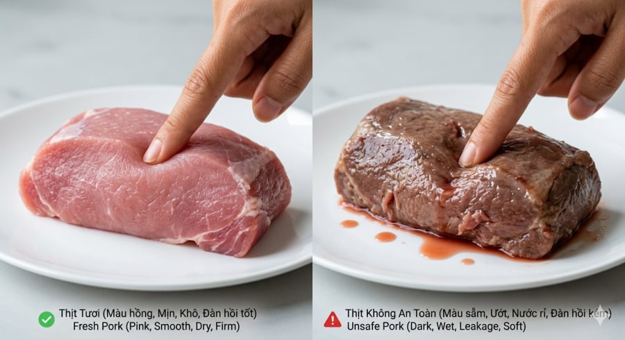 So sánh thịt lợn tươi và thịt có dấu hiệu “ngậm nước”: chỉ cần quan sát và ấn nhẹ là có thể nhận biết sự khác biệt.