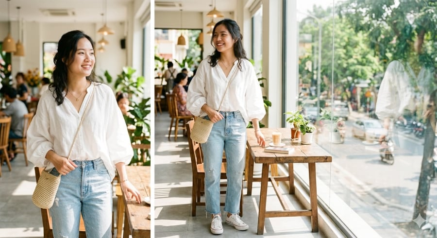 Blouse trắng và jeans sáng – thoải mái nhưng vẫn giữ được nét chỉn chu cần thiết.