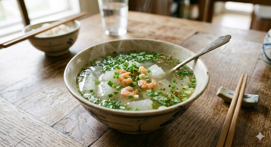 Canh bí đao tôm khô – lựa chọn nhẹ nhàng giúp bữa ăn thêm cân bằng và dễ chịu.