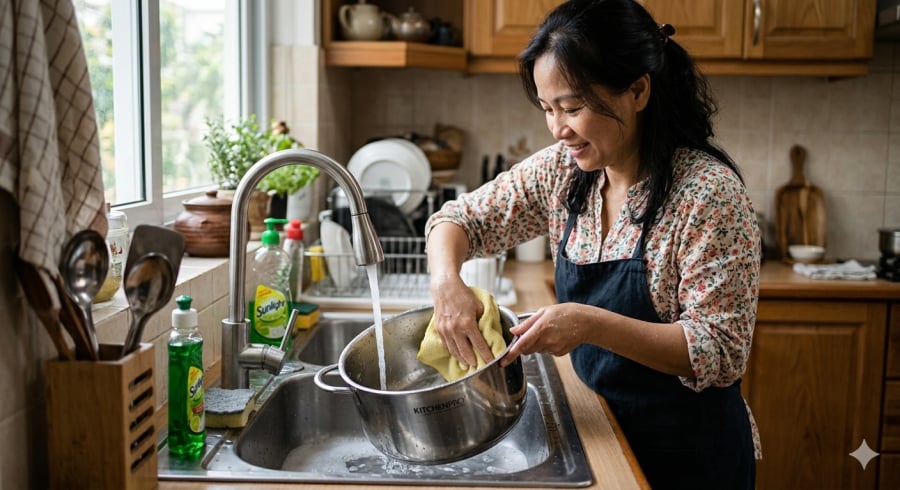 Vệ sinh nhẹ nhàng là bí quyết giữ nồi inox luôn sáng bóng.