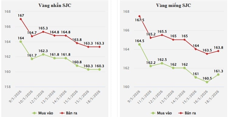 Tại thị trường trong nước, mở cửa phiên giao dịch sáng 19/5 lúc 8h31, vàng miếng SJC được niêm yết ở mức 161,3 - 163,8 triệu đồng/lượng (mua vào - bán ra), không thay đổi so với cuối phiên trước.    