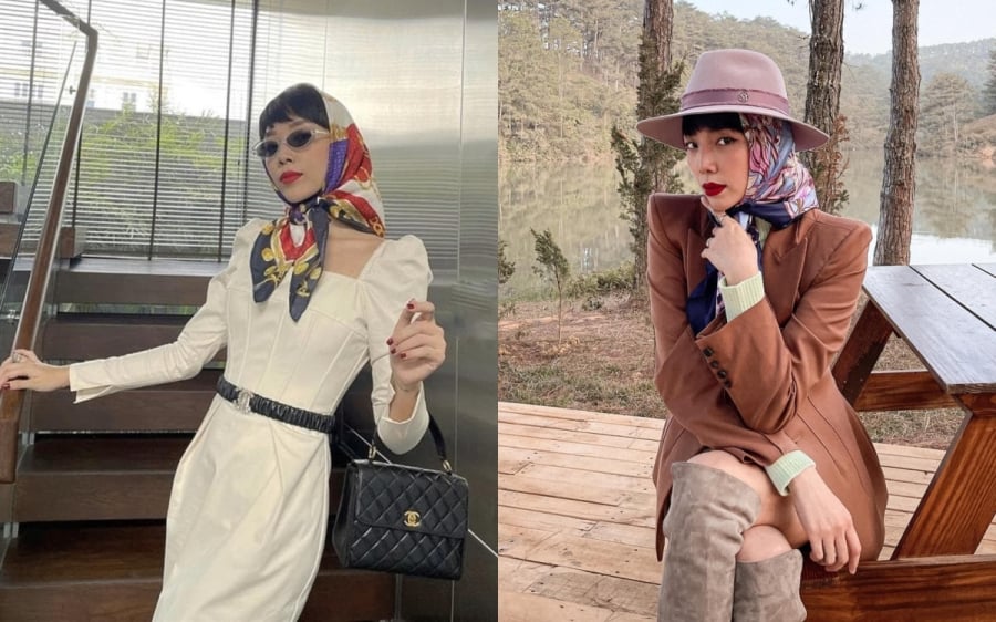 Tóc Tiên thường phối khăn lụa họa tiết cùng blazer hoặc váy vintage để tạo vẻ ngoài cá tính pha chút cổ điển.