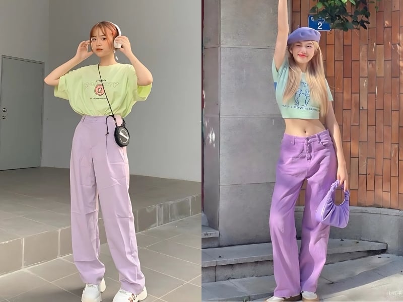 Những gam màu như vàng bơ, xanh baby, hồng nhạt hay tím pastel giúp tổng thể outfit trông tươi sáng hơn nhưng không quá nổi bật.