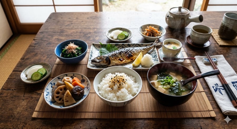 Bữa ăn kiểu Nhật thường đa dạng món nhưng khẩu phần vừa phải, ưu tiên thực phẩm tươi và ít dầu mỡ.