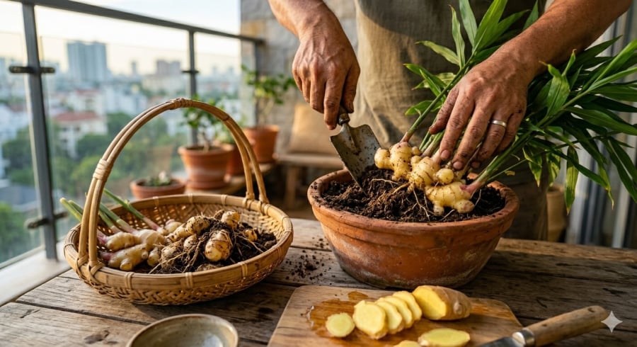 Gừng tự trồng không chỉ tiện cho nấu ăn mà còn giúp nhiều người yên tâm hơn về độ tươi sạch.