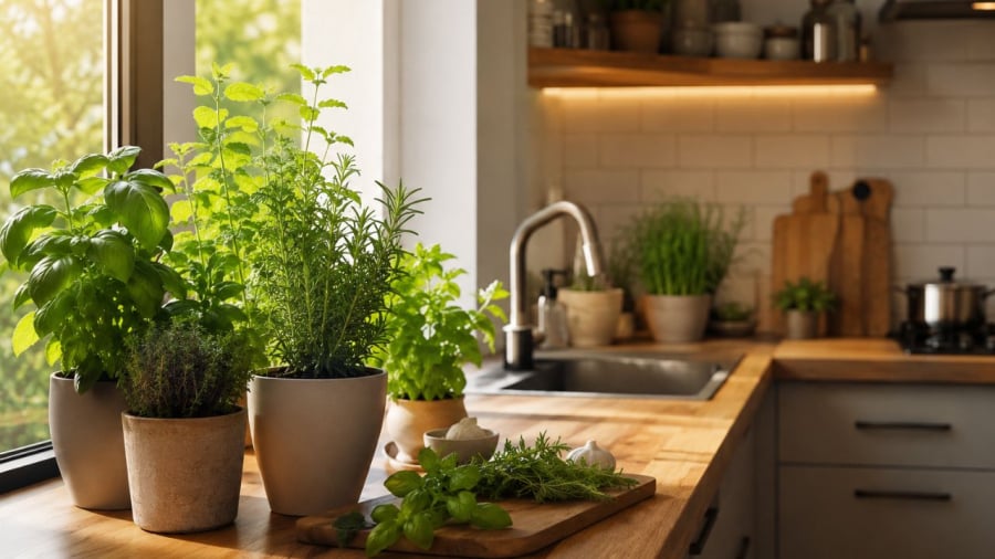 Đặt vài chậu cây trong bếp giúp khử mùi và không gian dịu hơn