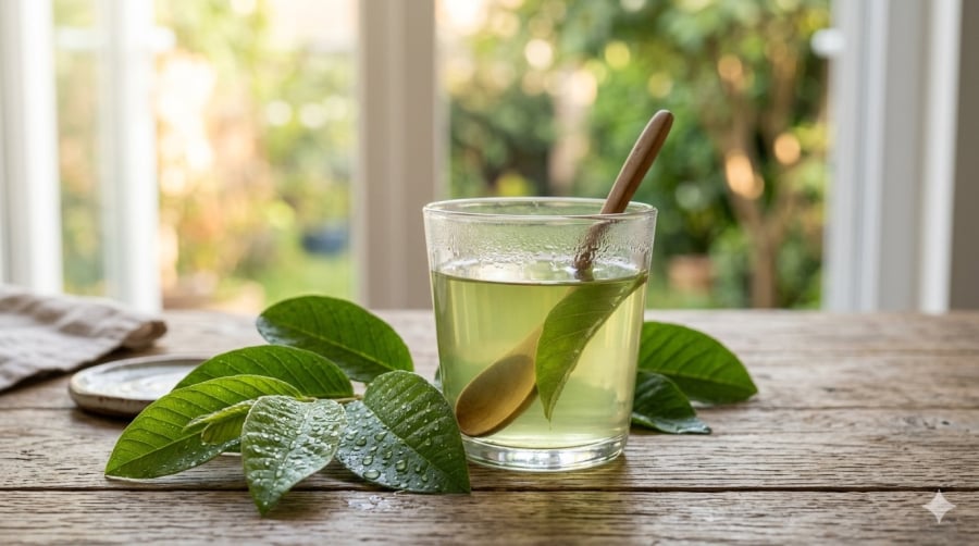 Nước lá ổi được nhiều người sử dụng như thức uống hỗ trợ tiêu hóa và chăm sóc sức khỏe mỗi ngày.