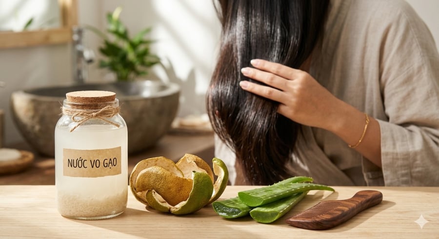 Kết hợp nước vo gạo cùng nguyên liệu tự nhiên như vỏ bưởi, nha đam có thể giúp tóc bóng khỏe và giảm gàu hiệu quả hơn.