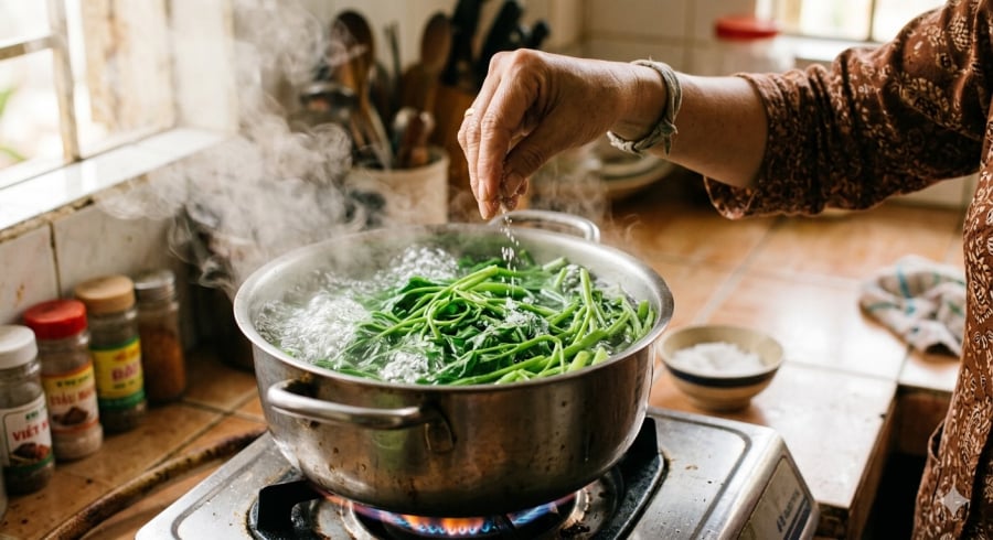 Chỉ vài hạt muối nhỏ cũng có thể giúp rau luộc xanh và giòn hơn.