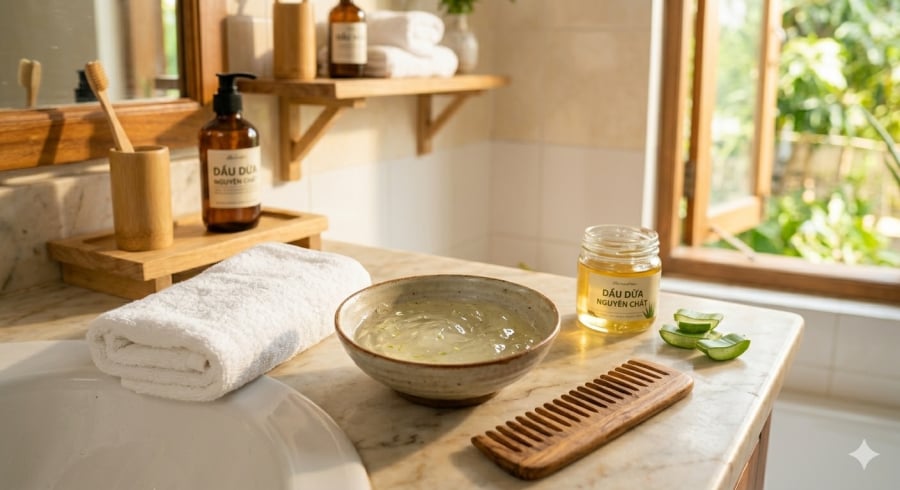 Công thức nha đam kết hợp dầu dừa giúp tóc mềm và dễ chải hơn.
