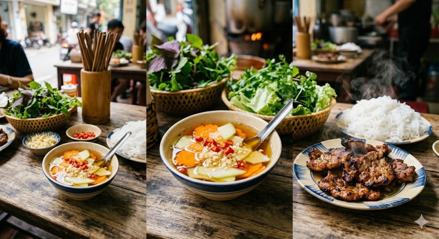 Đu đủ xanh trong bát nước chấm không chỉ tạo độ giòn mát mà còn giúp bún chả ăn đỡ ngấy hơn.